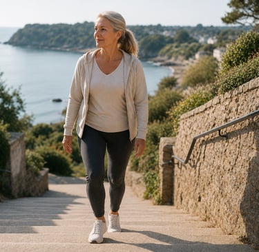 Femme 40+ en promenade sur les escaliers côtiers