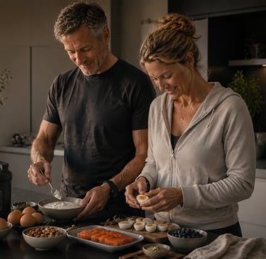 Couple préparant une collation riche en protéines avec œufs, saumon, yaourt grec et shaker dans une cuisine contemporaine