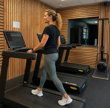 Femme marchant sur un tapis de marche lors d’une séance de récupération active dans une ambiance fitness premium