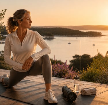 Femme réalisant une séance de mobilité au coucher du soleil face au Golfe du Morbihan
