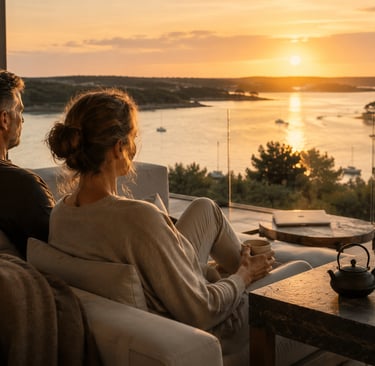 Couple profitant d’un moment de récupération au coucher du soleil face au Golfe du Morbihan dans une ambiance wellness