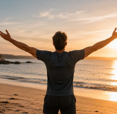 Homme de dos levant les bras face à la mer au coucher du soleil : respiration, récupération et gestion du stress