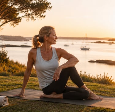 Femme pratiquant une séance body balance Rhuys Wellness face au Golfe du Morbihan à Sarzeau