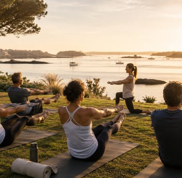 Séance Yogo face au Golfe lors des semaines remise en forme Rhuys Wellness