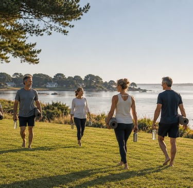 Small Group qui arrive au bord du Golfe pour une séance de remise en forme Rhuys Wellness, sous le soleil du matin