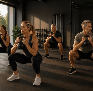 Small Group en salle lors d'une séance RPL+ force fonctionnelle qui réalise des squats à l'aide de KettleBells