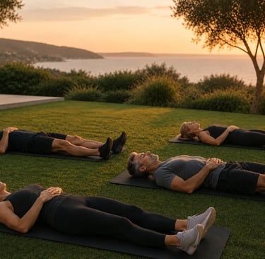 Small Group allongé sur tapis en extérieur pour un retour au calme respiration lors d'une séance RPL+