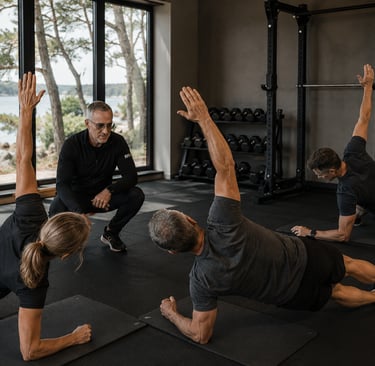 Coach et son small group premium lors d'un exercice de gainage latéral en salle