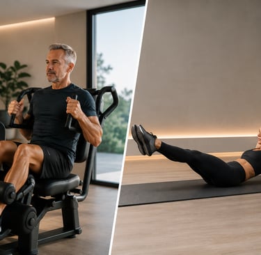 Homme en exercice sur une core machine, femme en gainage banane (Hollow hold).