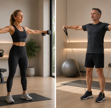 À gauche femme en élévations latérales avec haltères, à droite homme en élévations latérales élastique