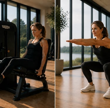 Femme réalisant du renforcement musculaire en leg extension à gauche et alternative au poids du corps en squat à droite