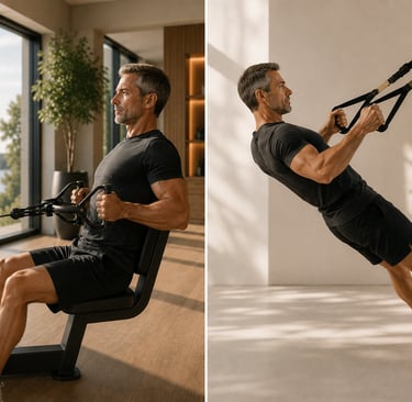 A gauche homme réalisant un tirage horizontal et à droite variante au poids du corps en TRX Row