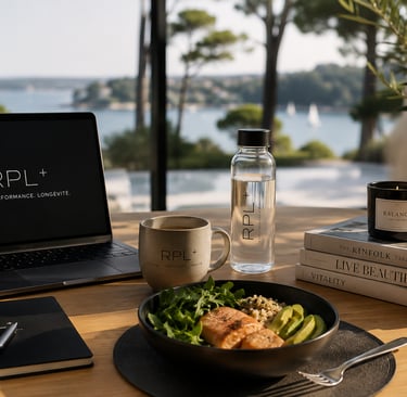 Nature morte d'une assiette représentant un déjeuner protéiné et équilibré, avec glucides et lipides