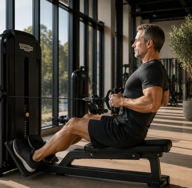 Homme effectuant un tirage horizontal lors d'un entraînement RPL+ en salle de sport