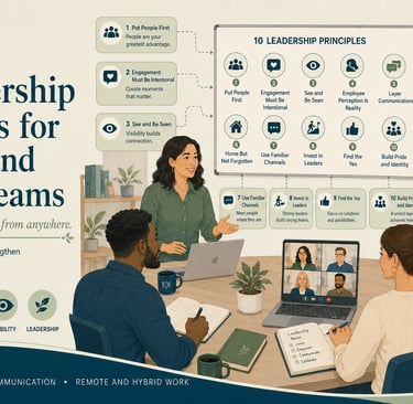 Infographic showing 10 leadership principles for remote and hybrid teams with diverse professionals in a collaborative