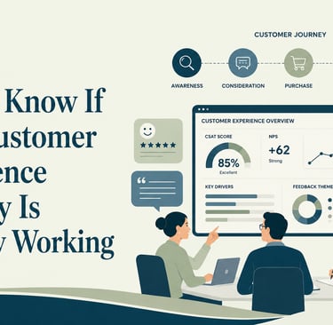 A business team analyzes a customer experience strategy dashboard showing NPS and CSAT metrics.