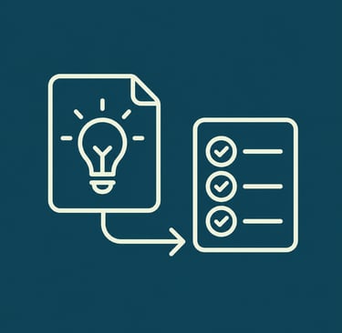White line icon showing a light bulb idea document converting into a completed task checklist on a dark blue background.