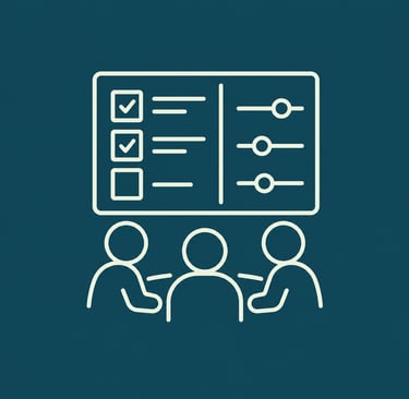 Business team icon showing three people collaborating on a digital dashboard with checkboxes and sliders.