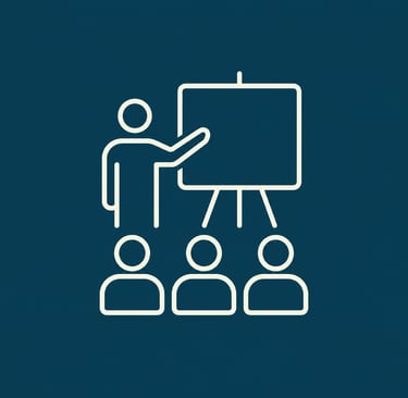 White outline icon of a teacher presenting a seminar to a group of students on a dark blue background.