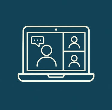 Line art illustration of a laptop showing a video conference call with three participants and a chat bubble.