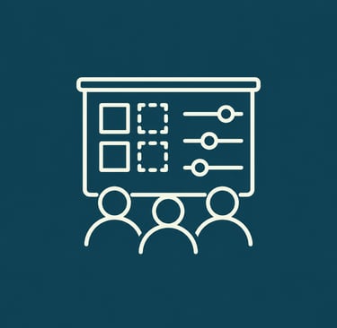 A minimalist white icon of a digital dashboard and team members on a dark blue background.