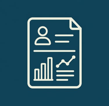 Minimalist document icon showing a user profile with data analytics charts and bar graphs.