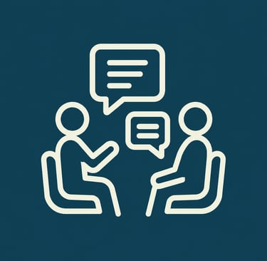 Minimalist line icon of two people sitting and talking with speech bubbles on a blue background.