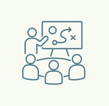 A minimalist blue line icon depicting a business leader presenting a strategic roadmap to a team.