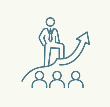 Business leader line icon showing professional growth and team success with a rising arrow.