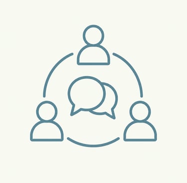 Minimalist blue line icon of three people in a circle with speech bubbles symbolizing team collaboration.