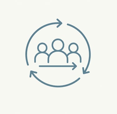 Minimalist blue line icon of three people inside a circular arrow representing team workflow and collaboration.