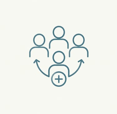 Minimalist line icon showing a referral program concept with people symbols and a plus sign.
