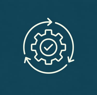 White line icon of a gear with a checkmark inside a circular arrow loop on a dark teal background.