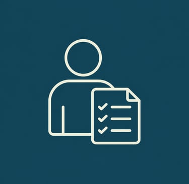 Minimalist line icon of a person with a completed checklist document on a dark blue background.