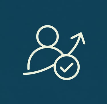 White outline icon of a person with an upward arrow and checkmark symbol on a dark blue background.