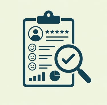 Customer feedback report icon showing survey results, star ratings, and data analytics on a clipboard.