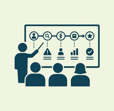 A business icon showing a presenter teaching a workflow strategy to an audience with data visualization icons.