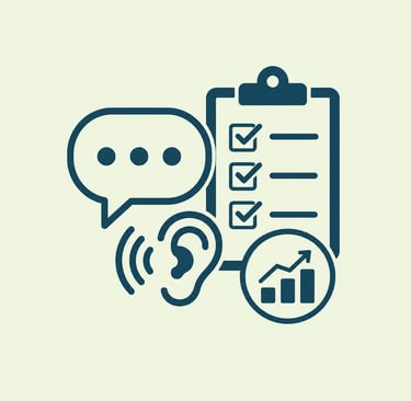 Business communication icons showing a checklist, ear for listening, speech bubble, and growth chart.