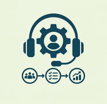 Customer support icon featuring a headset, gear, and symbols for user team management and growth analytics.