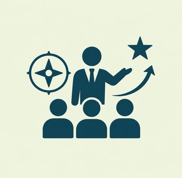 A business leadership icon showing a mentor guiding a team toward success with a compass and star.