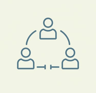 Minimalist blue line icon of three people connected in a circle representing teamwork and collaboration.