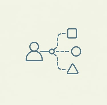 Minimalist line icon showing a person connected to square, circle, and triangle shapes representing diverse data categories.