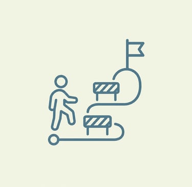 Line art icon of a person overcoming obstacles and hurdles to reach a goal flag.