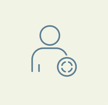 Minimalist blue outline icon of a user profile with a circular focus target symbol for account targeting.