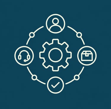 Business operations icon showing customer support, logistics, and management around a central gear.