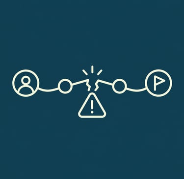 Minimalist icon showing a broken connection between a user and a goal with a warning symbol error.