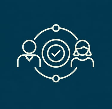 Minimalist line icon of a man and woman connected by a circle with a checkmark symbol for verified partnership.