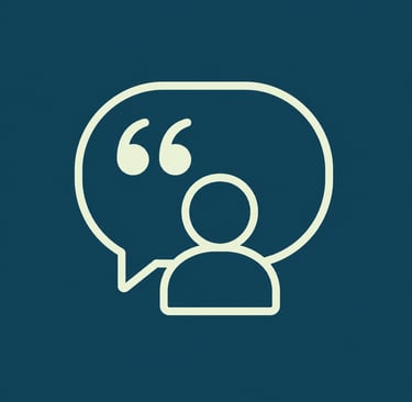 Minimalist icon of a person avatar with a speech bubble and quotation marks on a blue background.