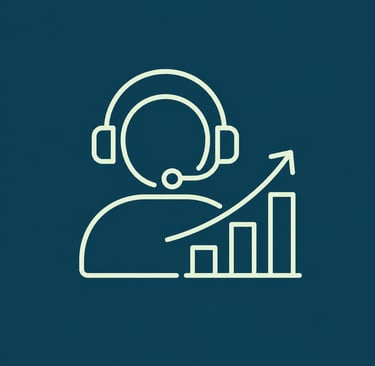 Line art icon of a customer service representative with a headset and a growth bar chart.
