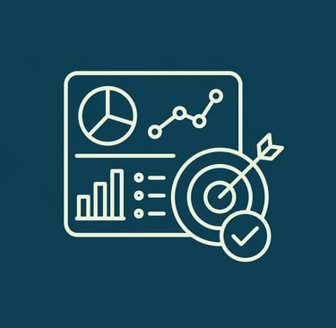 Business data dashboard icon featuring charts, graphs, and a target with an arrow for analytics.